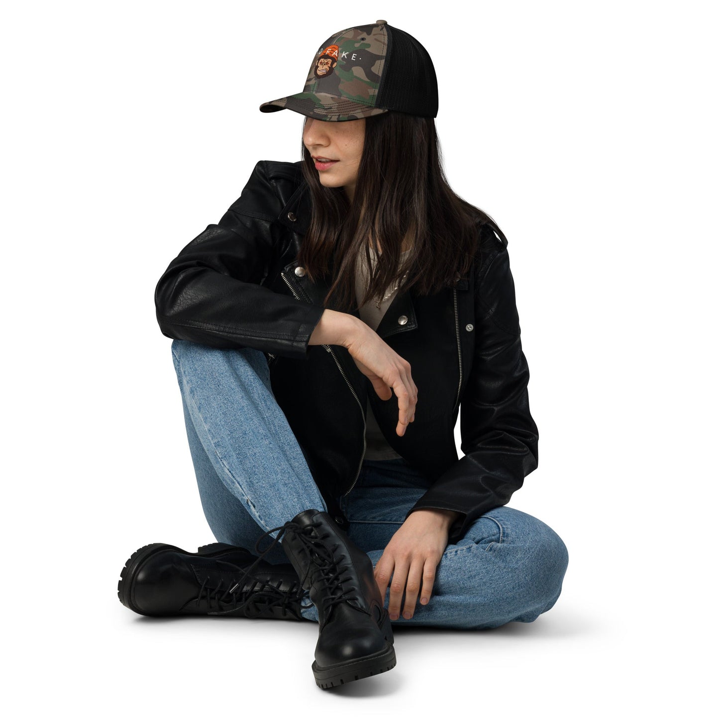 No Fake Angry Gorilla Embroidery Camouflage Trucker Hat - Street Business Urban Wear