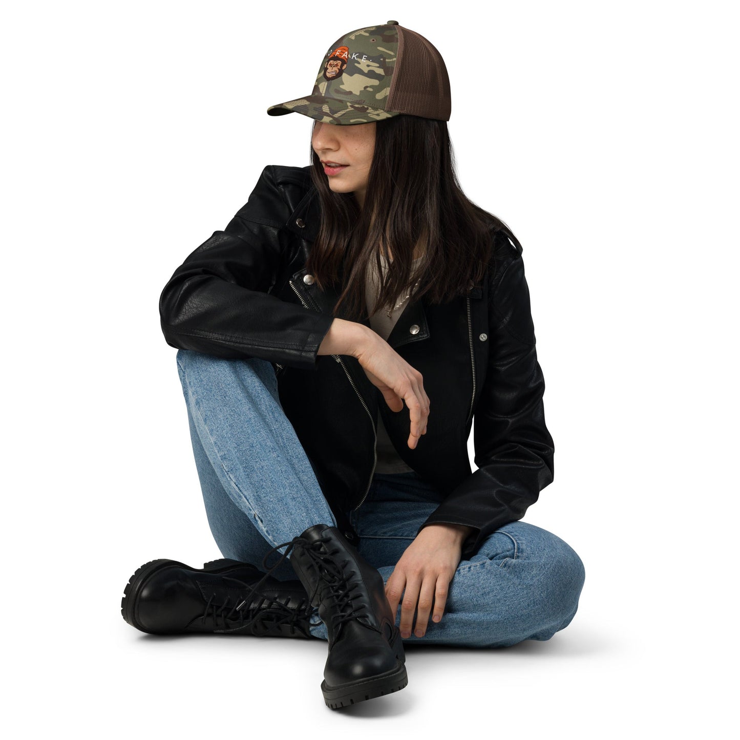 No Fake Angry Gorilla Embroidery Camouflage Trucker Hat - Street Business Urban Wear