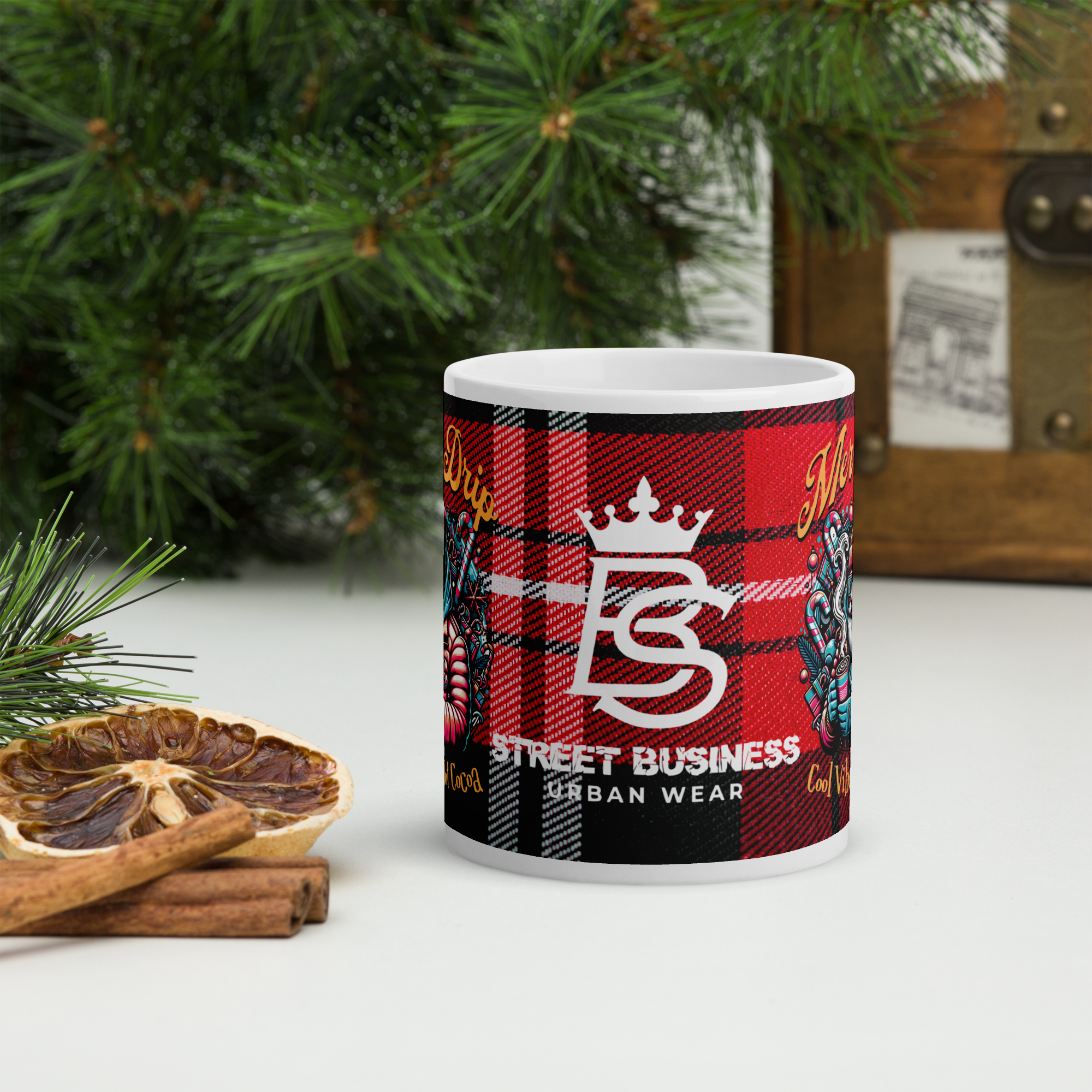Merry Drip Holiday Plaid SB Premium Glossy Mug — Limited Edition by Street Business Urban Wear